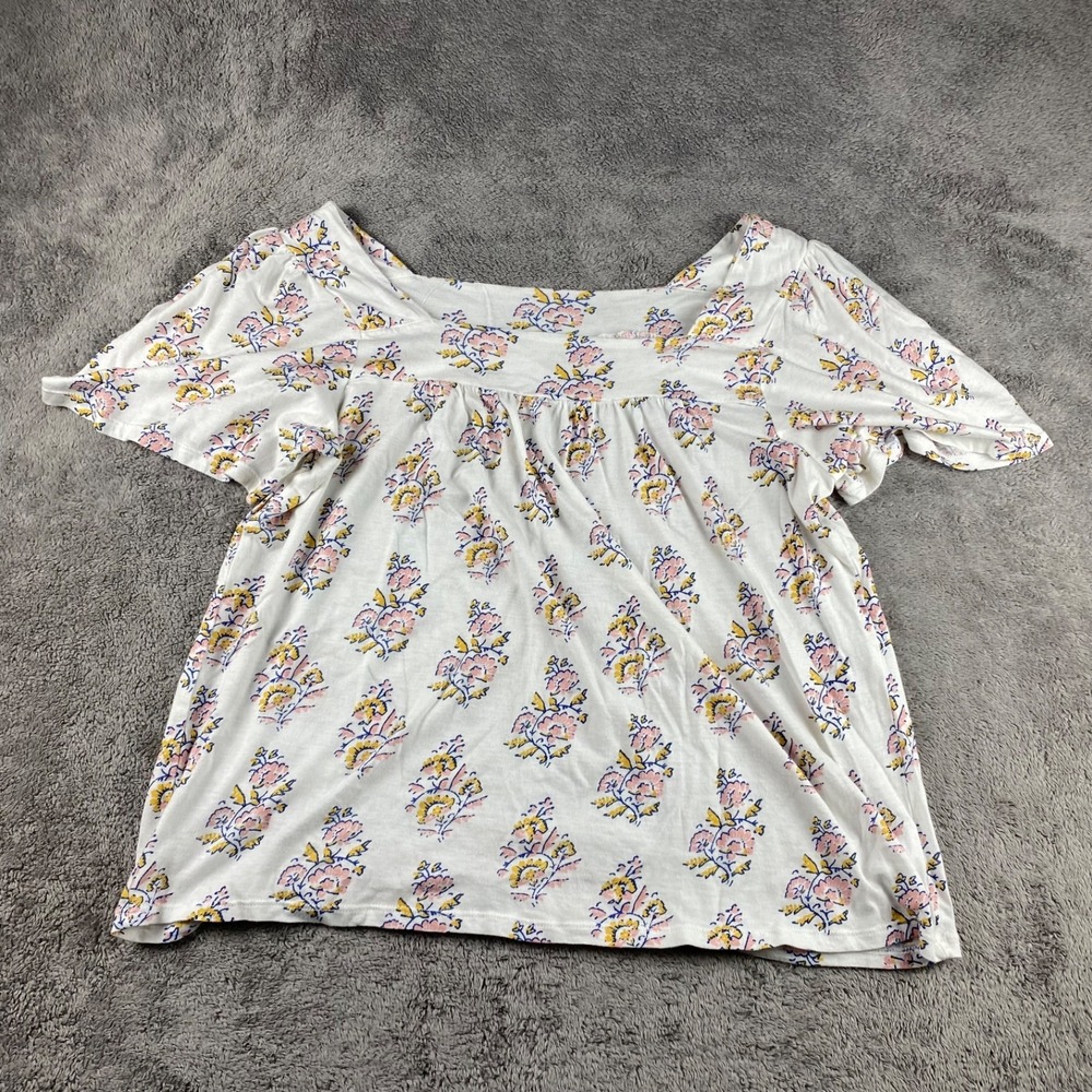 Lucky Brand Square Neck Floral Knit Top Womens Medium White